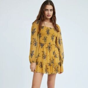 Wilfred Mustard Floral Square-Neck Tiered Mini Dress with Blue Print